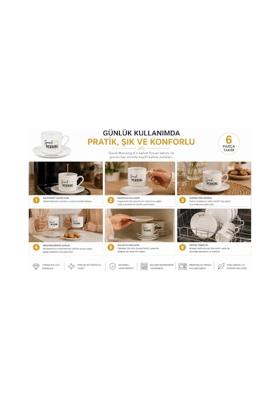 6 Lı Porselen Kahve Fincanı Takımı Good Morning Desenli 6 Fincan 6 Tabak Türk Kahvesi Ve Espresso Fincan Seti Şık Sunum Ve Çeyizlik Çok Renkli