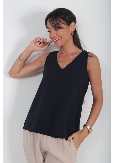 By Saygı Kadın V Yaka Pervazlı İtalyan Cotton Lyocell Bluz Siyah By Saygı Kadın V Yaka Pervazlı İtalyan Cotton Lyocell Bluz Siyah