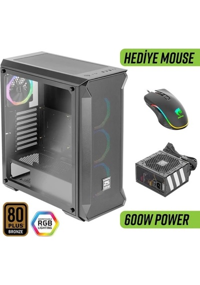 Green Z5 Surena Argb Gaming Bilgisayar Kasası 4 120mm Fan + Kumanda 600w 80+ Bronze Psu Dahil + Mouse