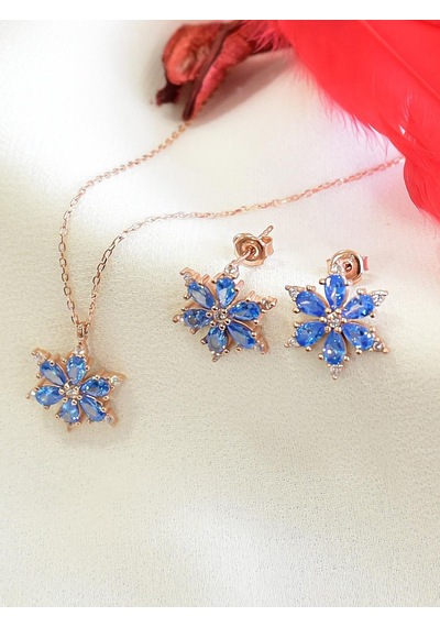 Brezza Lusso Jewelry 925 Ayar Lotus Çiçeği Aquamarin Taşlı Rose Gümüş Kolye Küpe Set 40816220 42 CM 42 CM