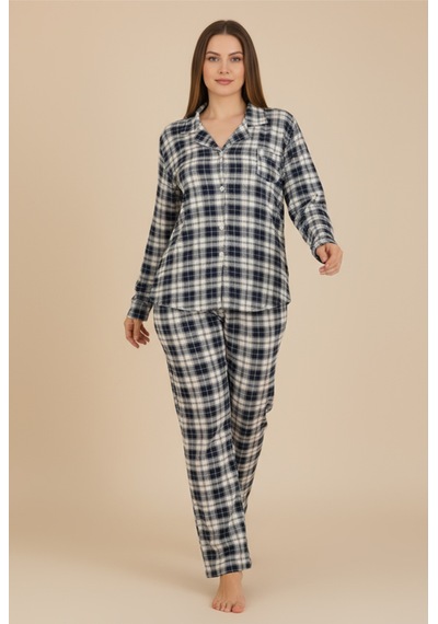 Bravie Luxury Viscose Lacivert Ekose Desenli Kadın Uzun Kollu Büyük Beden Pijama Takımı 42527 Gümüş