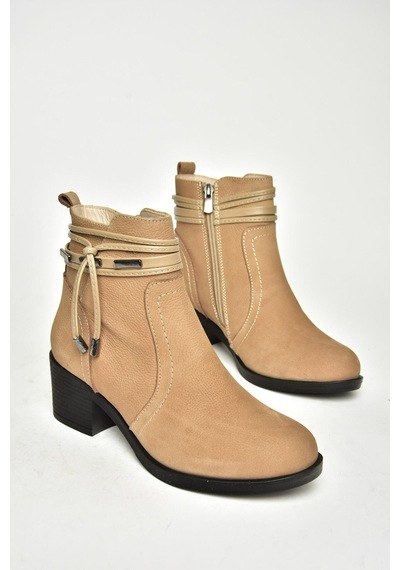 Fox Shoes T555703303 Vizon Hakiki Deri Kalın Topuklu Kadın Bot Vizon