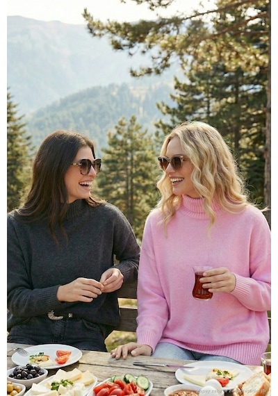 Lela Oversize Fit Balıkçı Yaka Yumuşak Dokulu 2'Li Paket Triko Bayan Kazak 680Kz00469S2 Şeker Pembe-Antrasit