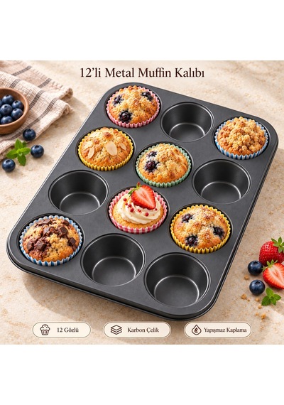12 Gözlü Muffin Cupcake Kek Kalıbı, Karbon Çelik Çift Kat Yapışmaz Kaplamalı Fırın Tepsisi, Brownie, Kurabiye Diğer