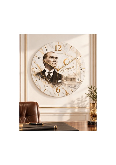 Atatürk Temalı 45 Cm Ahşap Sessiz Akar Mekanizmalı Uv Baskılı Dekoratif Duvar Saati Hediyelik 1101 Çok Renkli