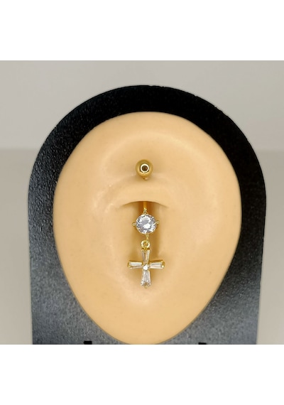 Aya Tasarım Gold Renk Taşlı Haç Figürlü Göbek Piercing