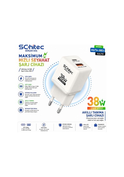 Schitec 38w Çift Çıkışlı Süper Hızlı Şarj Adaptörü Usb-a Qc 3.0 + Type-c Pd Beyaz Hg/ta-38eu