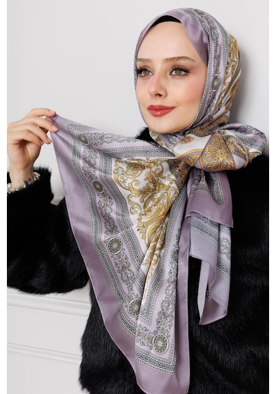 Sevitli Versace Desenli Hint İpeği Şal-lila-4533