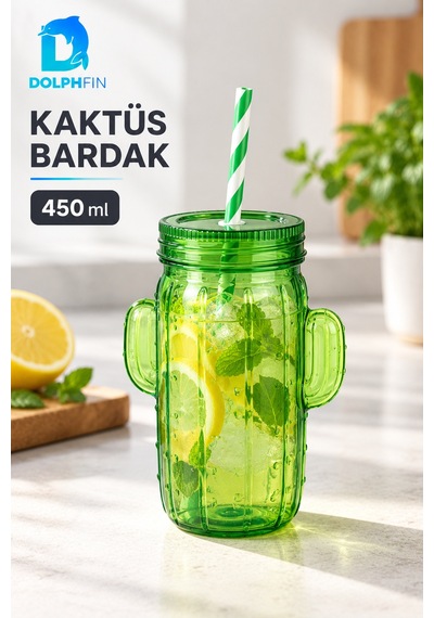 Kaktüs Pipetli Bardak 450 Ml Kapaklı Plastik İçecek Bardağı Çok Renkli