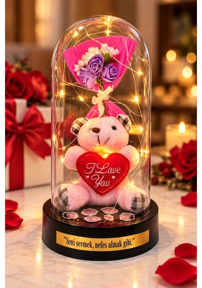 Sevgiliye Hediye Seni Sevmek Nefes Almak Gibi Peluş Ayıcıklı Led Işıklı Fanus Ve Gül Buketi 20 Cm