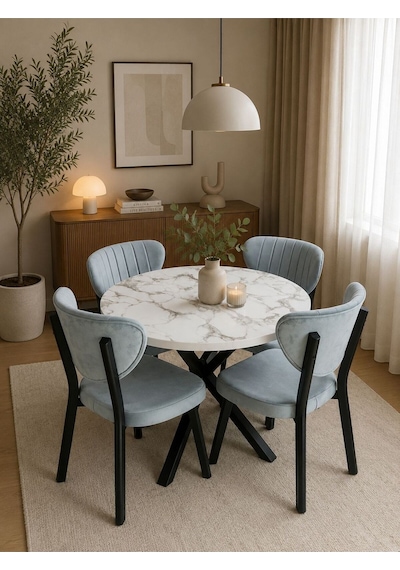 Modern Yuvarlak Mermer Desenli Yemek Masası Takımı 4 Sandalyeli Mavi