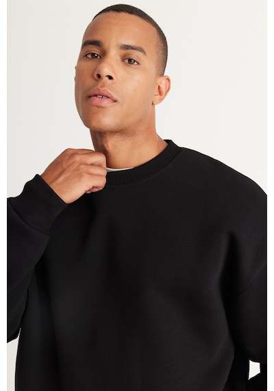 AC&Co / Altınyıldız Classics Erkek Sıyah Oversize Fit Bol Kesim Pamuklu İçi Polarlı Bisiklet Yaka Sweatshirt Siyah