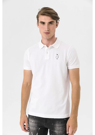 Farm Animals Polo Yaka Penguen Nakış Detaylı Erkek T-shirt Beyaz
