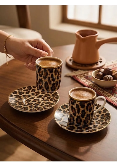 Leopar Desenli Türk Kahvesi Fincan Takımı 2 Kişilik, Altın Detaylı Kahve Fincanı Seti Mavi