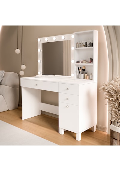 Robin Home Hollywood Makyaj Masası 3 Çekmece Kapaklı Düzenleyici Hollywood Led Işıklı Raflı Beyaz