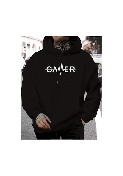 Herkesemoda Gamer Yazı Detaylı Kapüşonlu Sweatshırt Siyah