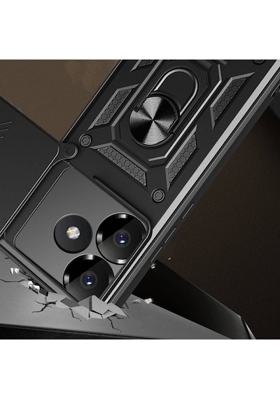 Xiaomi Poco F6 Kılıf Magnetik Standlı Kamera Korumalı Zore Sürgülü Vega Kapak Siyah