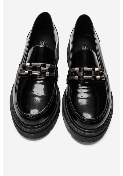 Dericlub Kadın Loafer Kalın Taban Tokalı Makosen Ayakkabı Br 44282 Rugan Siyah