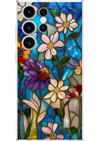 Printify Samsung Galaxy S23 Ultra İle Uyumlu Vitray Mavi Bahar Tasarımlı Şeffaf Silikon Kılıf Şeffaf