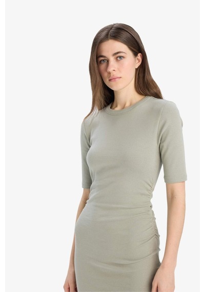 DeFacto Bodycon Vücudu Saran Bisiklet Yaka Ribana Kısa Kollu Midi Elbise E6003AX25SPKH234