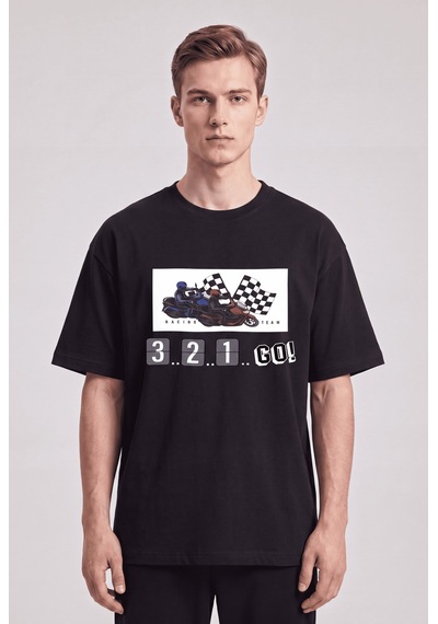 Black Nova Oversize Baskılı Unisex %100 Pamuk T-shirt Racer Siyah