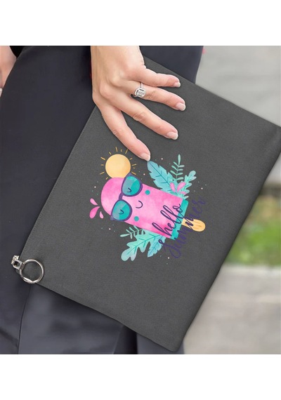 Bk Gift Yaz Temalı-5 Astarlı Antrasit Portföy Çanta 30x21cm, Baskılı El Çantası, Organizer Çanta Çok Renkli