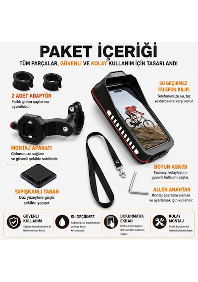 Triline Bisiklet Motosiklet Gidon Telefon Tutucu Çanta Dokunmatik Ekranlı Montaj Aparatı Su Geçirmez Siyah