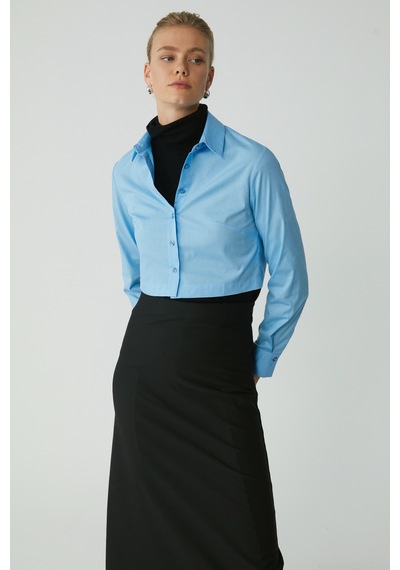 Ethıquet Sıntıa Kadın Slim Fit Dar Kalıp Vücuda Oturan Likralı Poplin Crop Mavi Gömlek