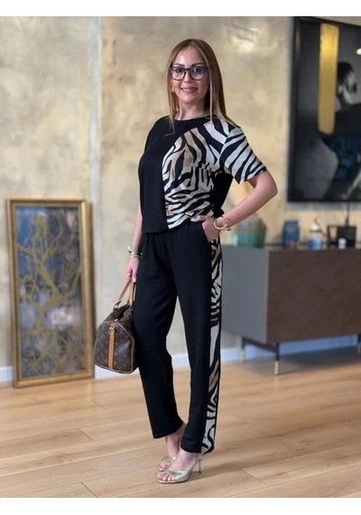 Defymoda Kadın Bisiklet Yaka Kısa Kol Leopar Desen Bluz Ve Pantolon Ikili Takım Siyah
