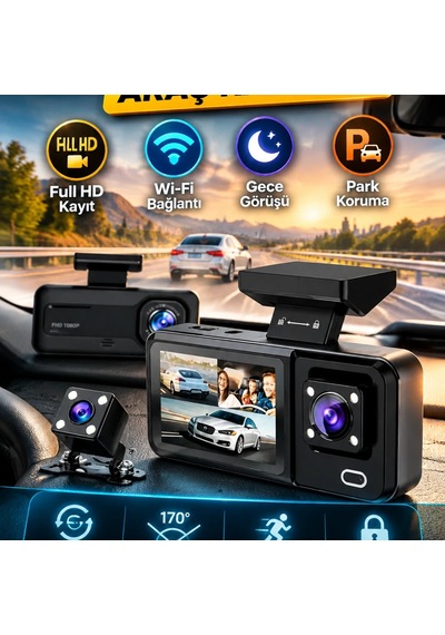 3 Kameralı Full Hd Araç Kamerası Wi-fi, Gece Görüş, Park Koruma Ve Döngüsel Kayıt