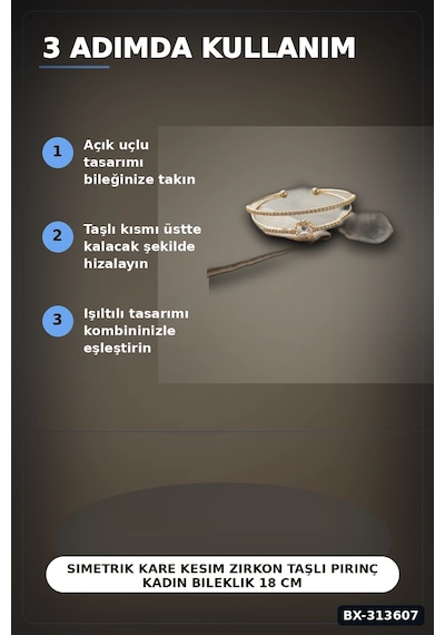 Bay Simetrik Kare Kesim Zirkon Taşlı Pirinç Kadın Bileklik 18 Cm Tekli Paket Bx-313607 Najmaddin Standart