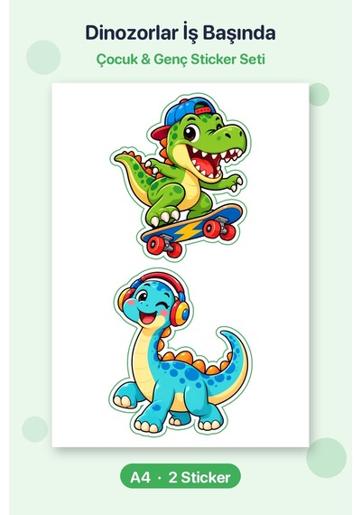 Dinozorlar İş Başında 2 Adet Dev Dinozor Sticker Çıkartma A4 Laptop Etiketi Çok Renkli
