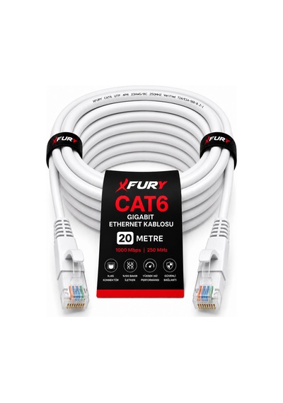 Fury Cat6 Ethernet Kablosu 20 Metre Rj45 Lan İnternet Modem Router Bilgisayar Kablosu