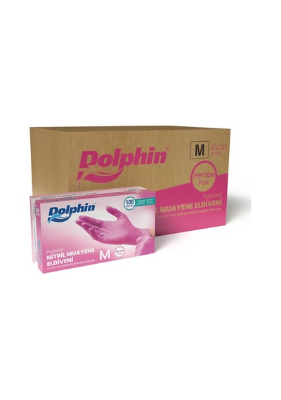 Dolphin Tek Kullanımlık Pembe Nitril Eldiven - Muayne Eldiveni Medium Orta Boy - 100'lü 20 Paket