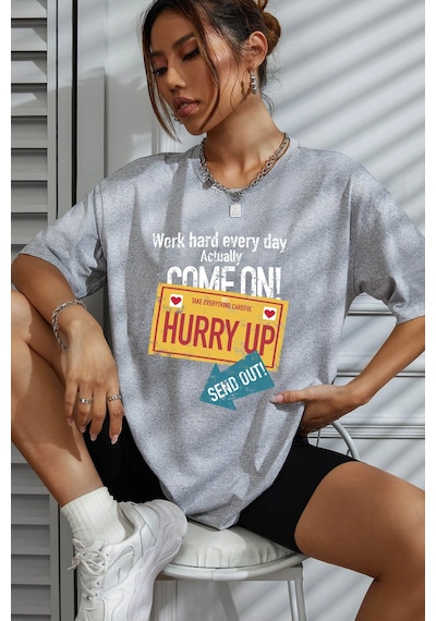 Unisex Hurry Up Tasarım Tshirt Gri