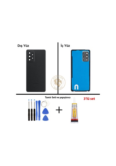 Samsung Galaxy A72 Siyah Renk Lensli Arka Kapak + Tamir Seti + B7000 Yapıştırıcı Arka Cam Batarya Kapağı Pil Kapağı Lazer Kesim Back Cover Galaxy A72 Uyumlu 93330472