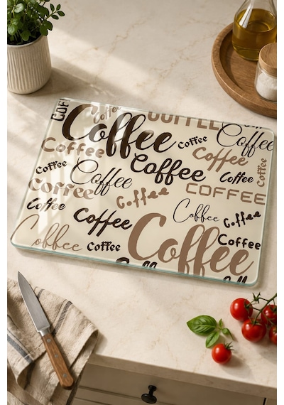 Gökçeoğlu Cam Kesme Tahtası Coffee Temalı - Cam Kesme Tablası 30cm X 40cm Çok Renkli