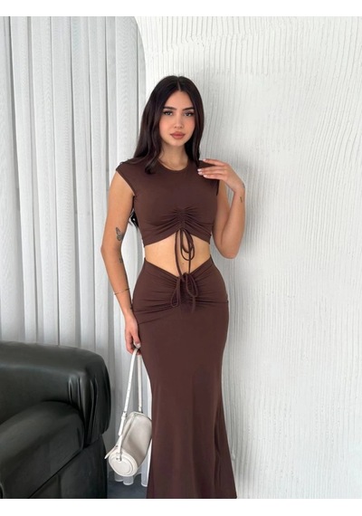 Freedom Store Osy Modal Yumuşak Dokulu Kumaş Büzgülü Crop Etek Takım -kahverengi