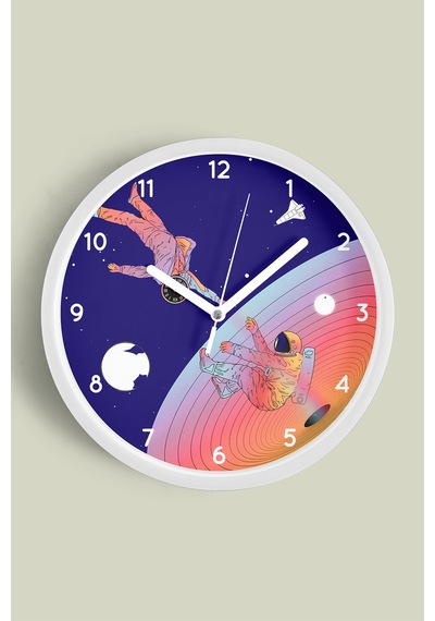 Uzay - Astronot - Astronomi Temalı Çocuk Odası Modern Duvar Saati - 30cm - Önü Camlı Beyaz Kasa-jh0044 Beyaz
