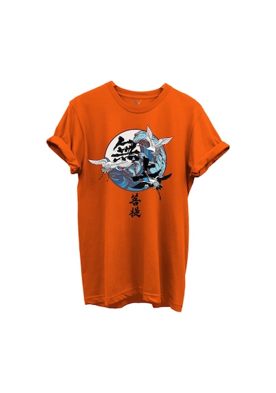 Japon Sanatı Stilinde Turna Kuşları Ve Dalga Desenli %100 Pamuk Regular Fit Unisex T-shirt Turuncu