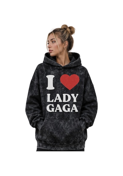 Sevbano Lady Gaga Şarkıcı Baskılı Unisex Oversize Yıkamalı Premium Hoodie Siyah