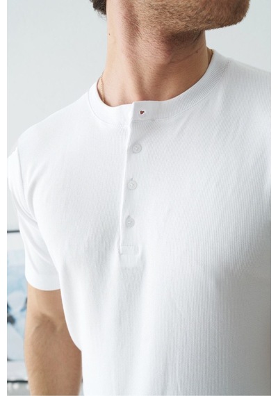 Baselco Premium Henley Yaka Beyaz T-shirt - Rib Dokulu Modern Fit