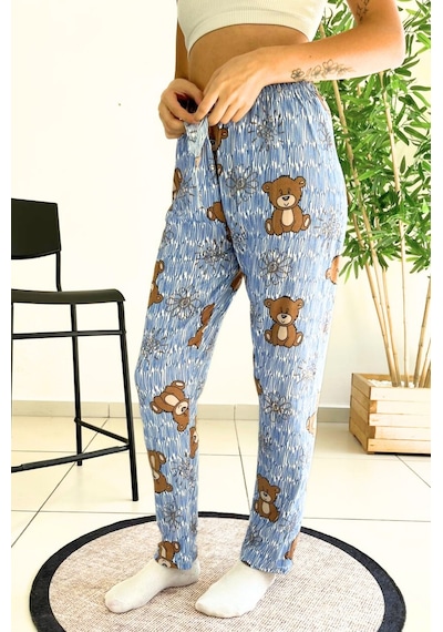 Farya Home Dreamy Soft Kadife Dokulu Ayıcık Desenli Süet Pijama Altı Pantolon Mavi