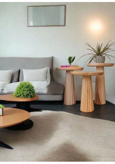Ahşap 3 Lü Set Fitilli Mantar Yan Sehpa / Zigon Sehpa Vernikli / Wood Wooden Mushroom Side Table Ahşap