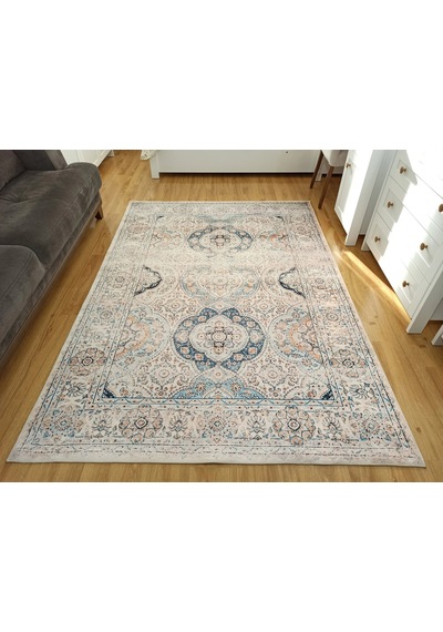 Eskitme Madalyon Desenli Krem Ve Mavi Vintage Salon Halısı - 11643ou Krem - Mavi