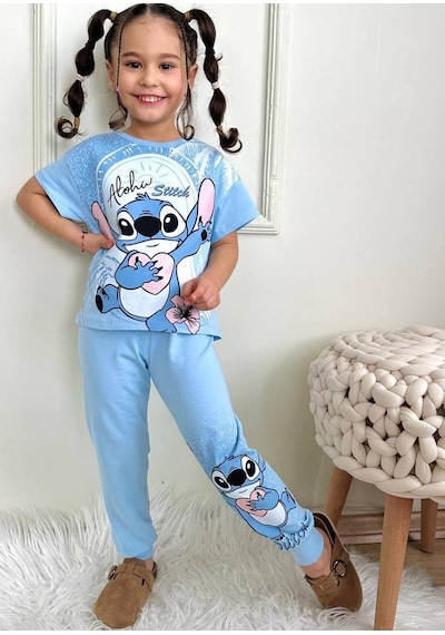 Kız Çocuk Stitchh Desenli Kısa Kollu Tshırt Eşofman 2'li Takım-993 Mavi Kız Çocuk Stitchh Desenli Kısa Kollu Tshırt Eşofman 2'li Takım-993 Mavi