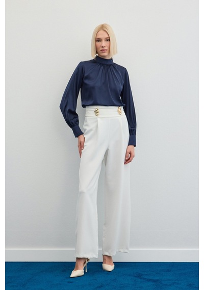 Sateen Bel Aksesuarlı Pantolon - Ekru-136490 Ekru