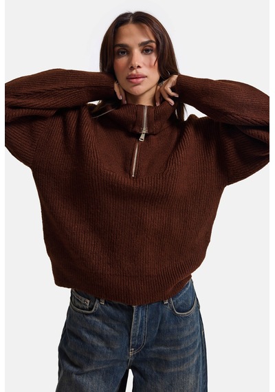 Kadın Kahve W6-81 Oversize Fermuarlı Triko Kazak