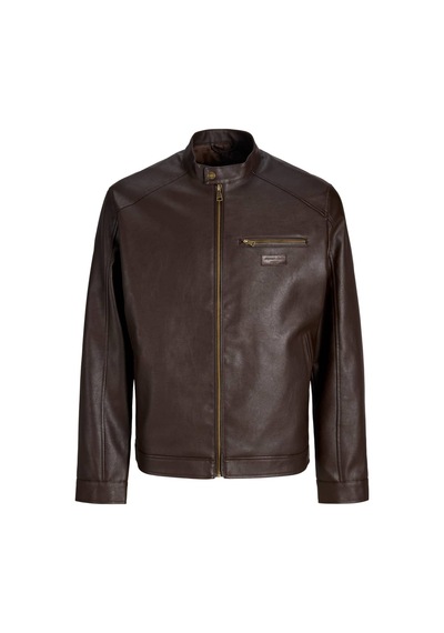 Jack & Jones Erkek Fermuarlı Koyu Kahverengi Deri Ceket-12301595