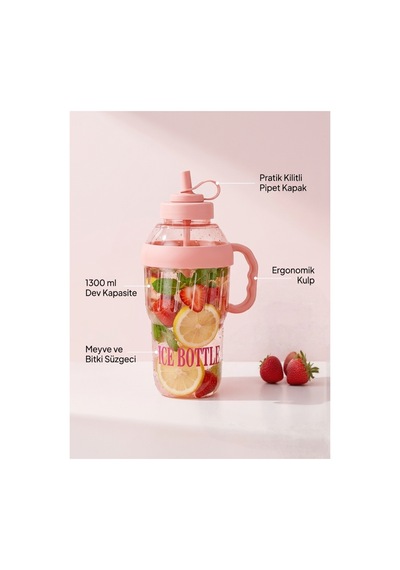 1300 Ml Süzgeçli Motivasyonel Matara - Detoks Ve Sporcu Su Matarası - Sızdırmaz Pipetli Suluk Pembe - 899448450 Pembe